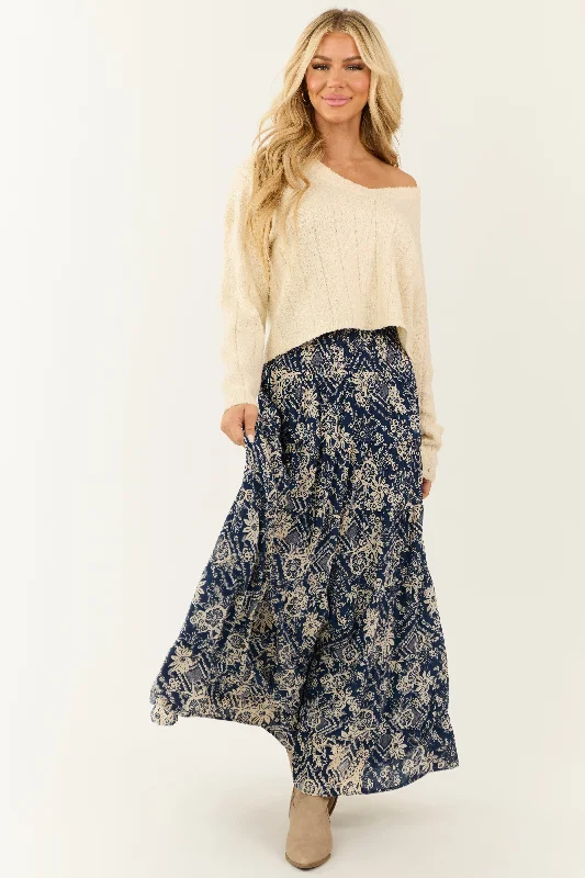 Navy Floral Print Elastic Waist Tiered Maxi Skirt corduroy skirt comfortable