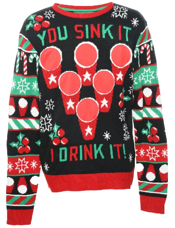 Nordic Print Christmas Jumper - L Notch Collar Peter Pan Collar Cowl Neck