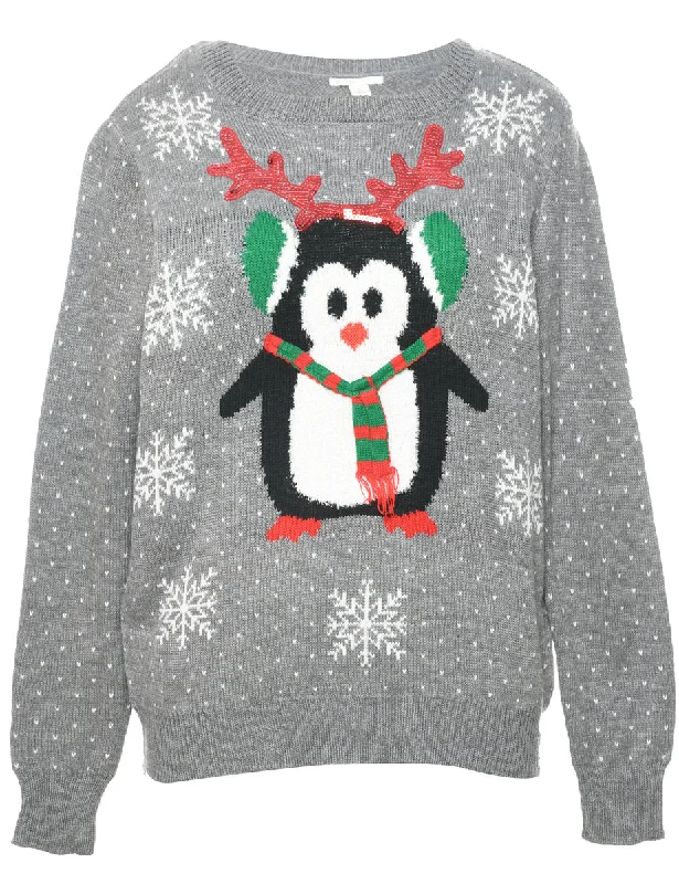 Nordic Print Penguin Christmas Jumper - L Embroidered Appliqued Beaded