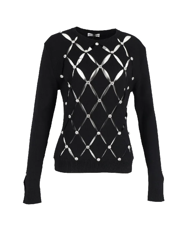 Paco Rabanne Crystal-Embellished Cutout Sweater in Black Merino Wool Striped Floral Plaid