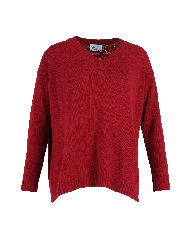 Prada Elbow Patch V-neck Sweater in Burgundy Wool Stylish Fashionable Trendy