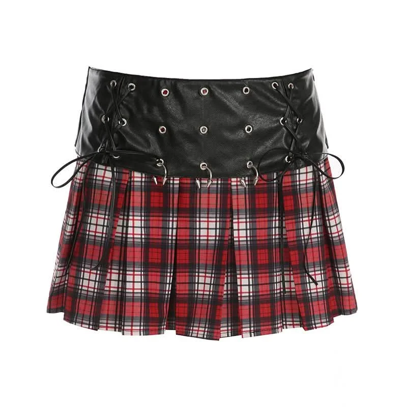 PU leather plaid pleated metal applique self tie mini skirt velvet skirt sumptuous