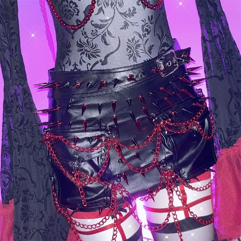 PU leather rivet metal chain buckle mini skirt belted skirt waist