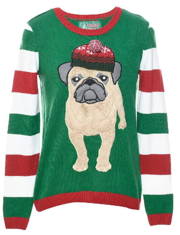 Pug Patchwork Dark Green Christmas Jumper - M Herringbone Houndstooth Plaid