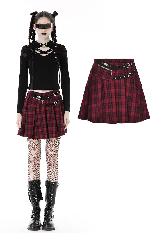 Punk red plaid pleated skirt KW277 linen skirt natural