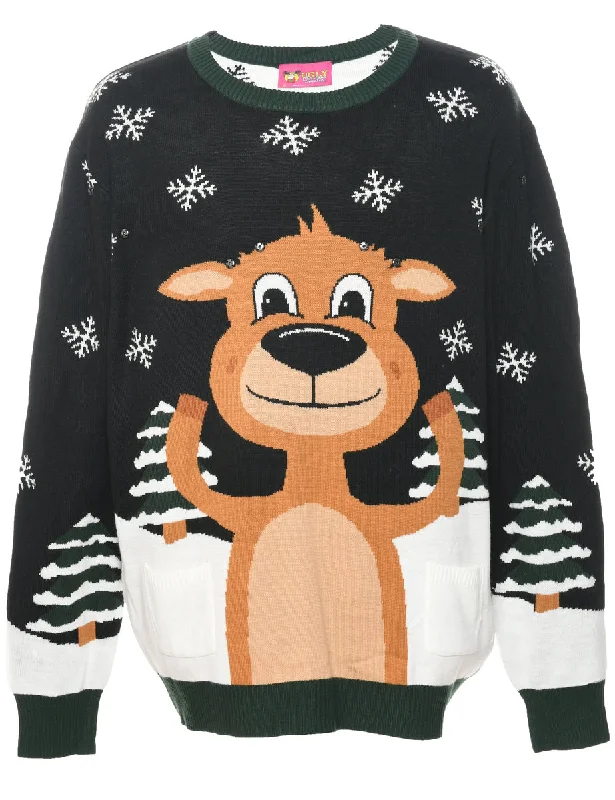 Reindeer Christmas Jumper - XL Front Pockets Side Pockets Patch Pockets