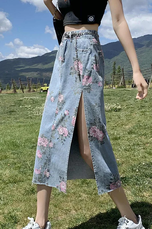 TastyHottie - Rose-print Side Slit Denim Skirt low waist skirt