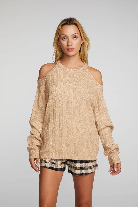 Sequin Knit Cold Shoulder Sweater Chenille Brocade Lace