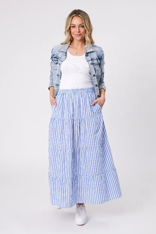Shine On Label Gabrielle Striped Tiered Skirt Blue White leather skirt refined