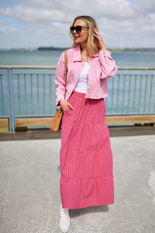 Shine On Label Gabrielle Striped Tiered Skirt Red Pink seamless skirt comfort