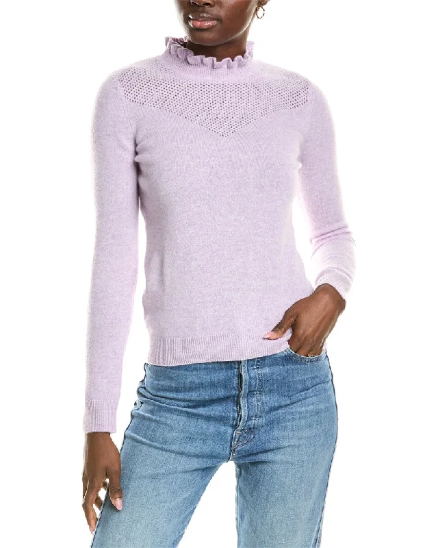 sofiacashmere Ruffle Mock Neck Mesh Stitch Cashmere Sweater Lace Blend Ribbed Blend Corduroy Blend