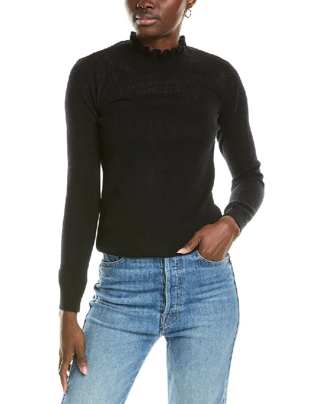 sofiacashmere Ruffle Mock Neck Mesh Stitch Cashmere Sweater Satin Blend Silk Blend Wool Blend