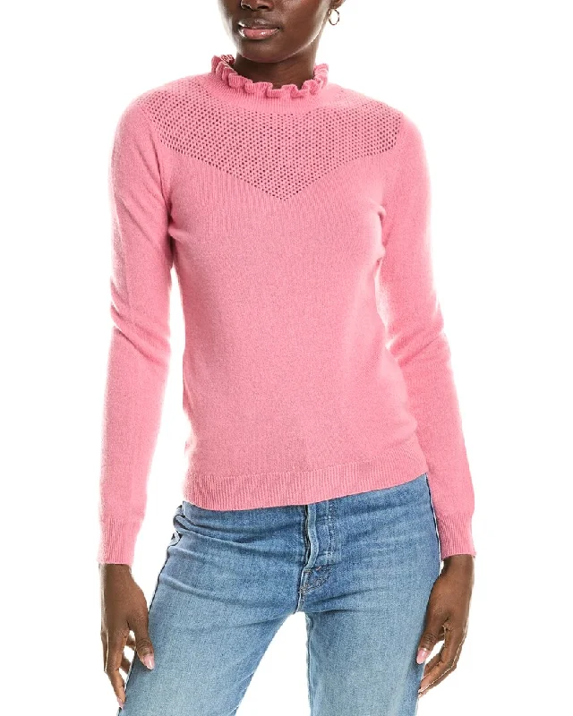 sofiacashmere Ruffle Mock Neck Mesh Stitch Cashmere Sweater Velvet Chenille Corduroy