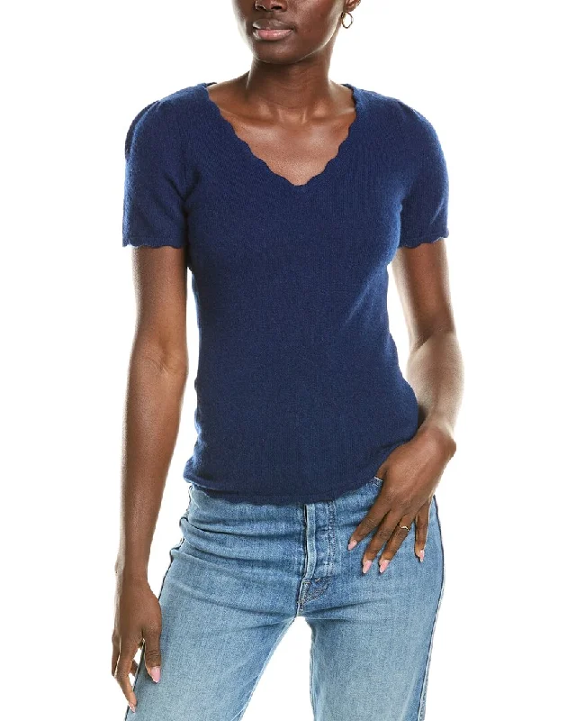 sofiacashmere Scallop V-Neck Cashmere Sweater Silk Blend Satin Velvet