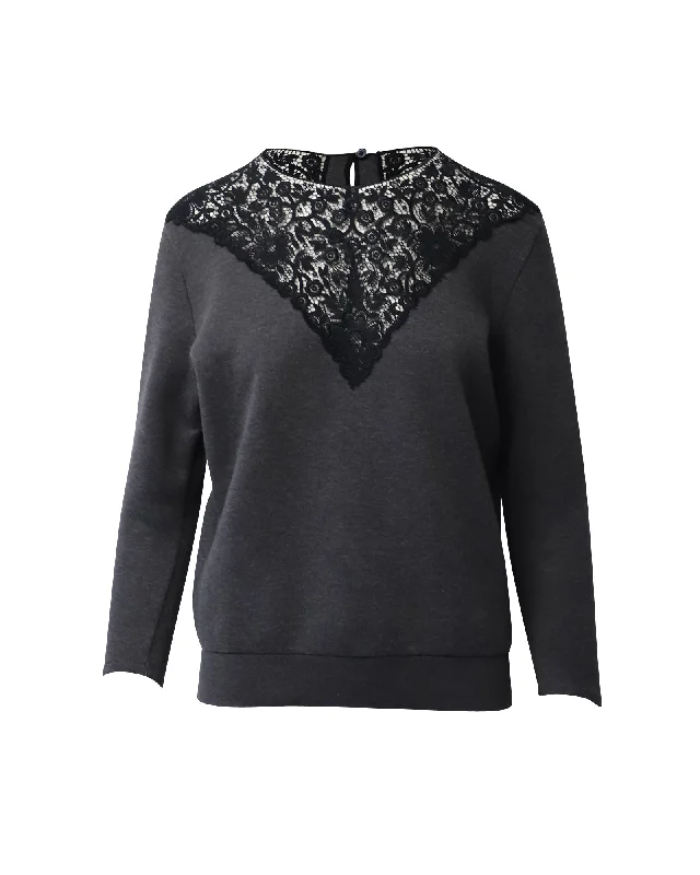Stella Mccartney Lace-Trimmed Sweater in Dark Grey Cotton Wool Fabric Cashmere Fabric Tweed Fabric