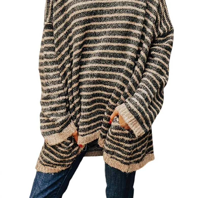 Striped Turtleneck Pullover Sweater In Black/brown Fitted Loose Oversized