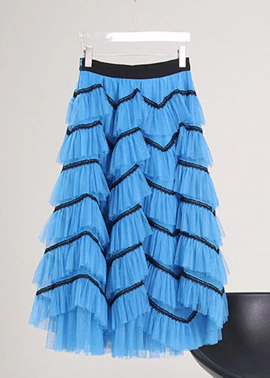 Style Blue Asymmetrical Tulle Skirt Spring cotton skirt soft