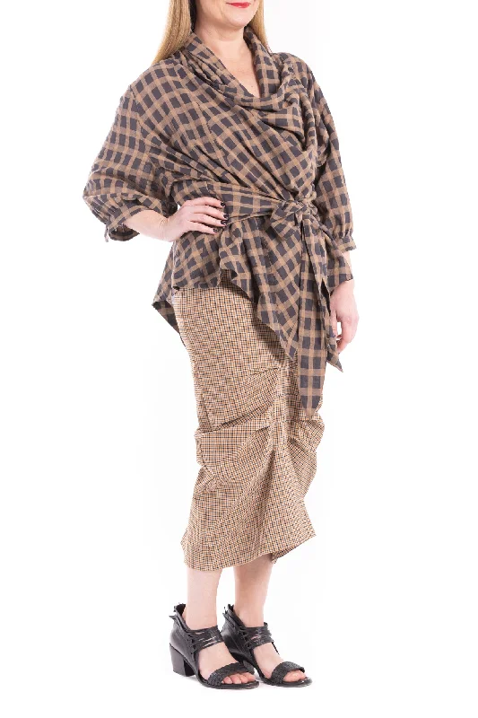 TOFFEE CHECK TUCK SKIRT TC linen skirt relaxed