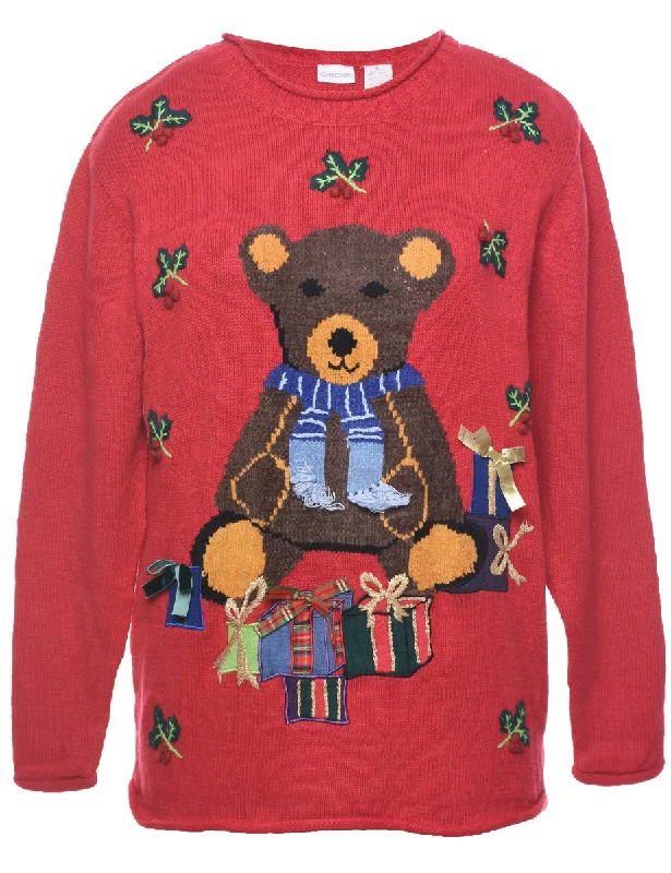 Teddy Bear Print Christmas Jumper - L Cable Knit Ribbed Knit Lace Knit