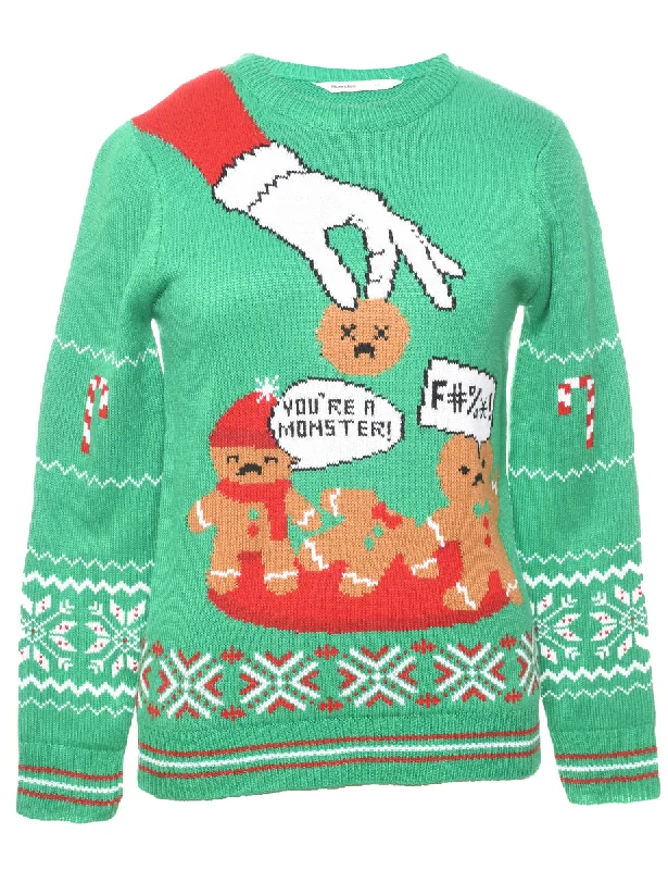 Teddy Bear Print Christmas Jumper - XS Houndstooth Herringbone Solid