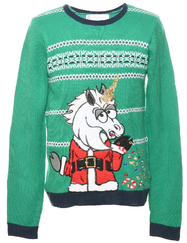 Unicorn Christmas Jumper - M Print Jacquard Patchwork