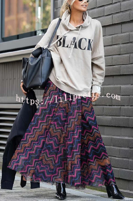 Unique Printed Large Hem Loose Mesh Maxi Skirt satin skirt smooth