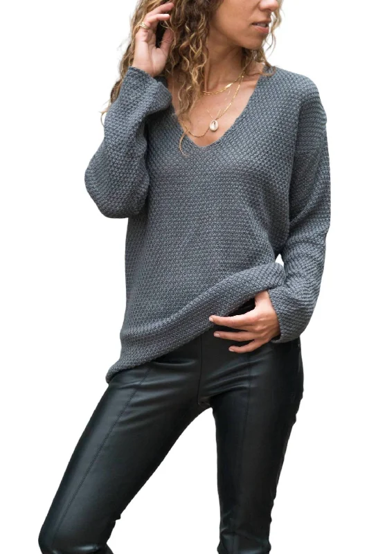 V-Neck Brass Knitted Pocket Sweater In Anthracite Neon Metallic Matte