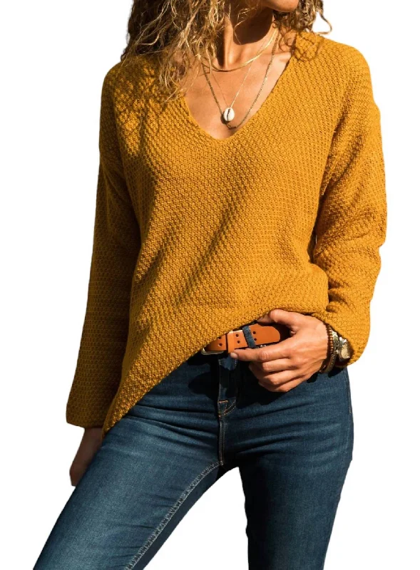 V-Neck Brass Knitted Pocket Sweater In Mustard Iron Safe Non-Iron Wrinkle Free