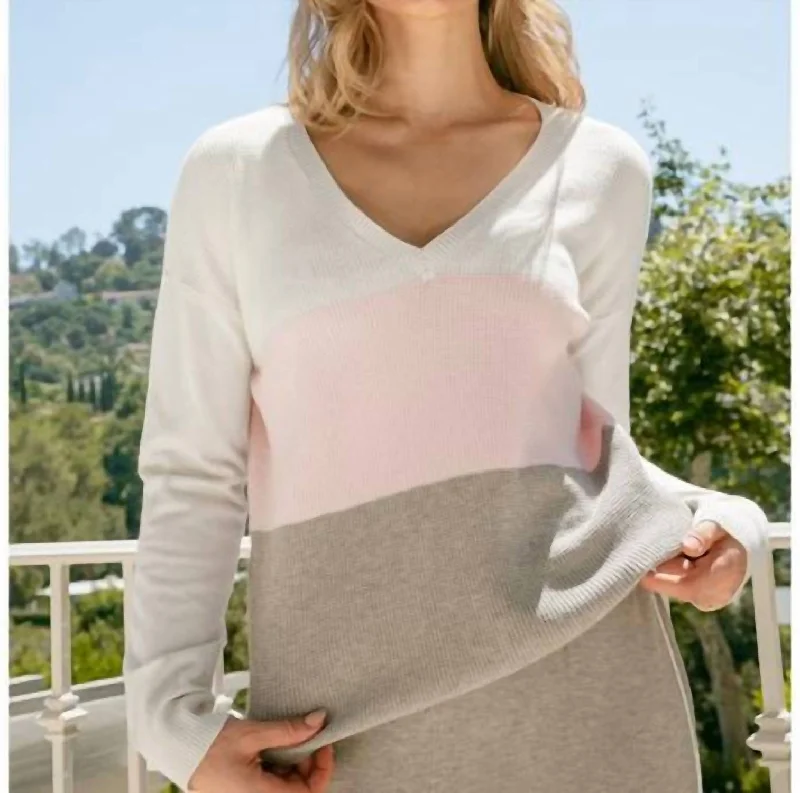V-Neck Colorblock Sweater In Grey Elasticated Padded Insulated