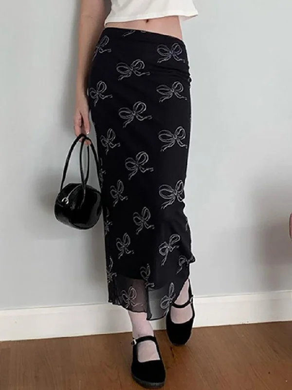 Vintage Bow Print Mesh Midi Skirt denim skirt trendy