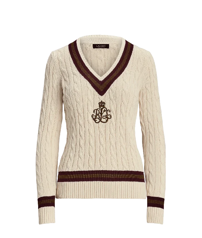 Cable-knit Cotton Cricket Sweater - Cream Fitted Slim Tailored
