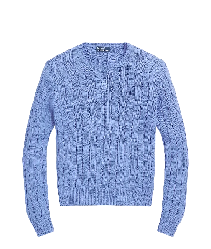 Cable-knit Cotton Crewneck Sweater - Blue Plaid Sweater Polka Dot Checkered