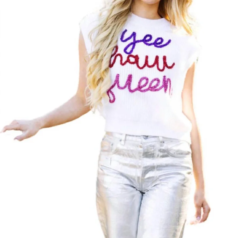 Yeehaw Queen Sweater In White Multi Boat Neck Shawl Collar Notched Collar