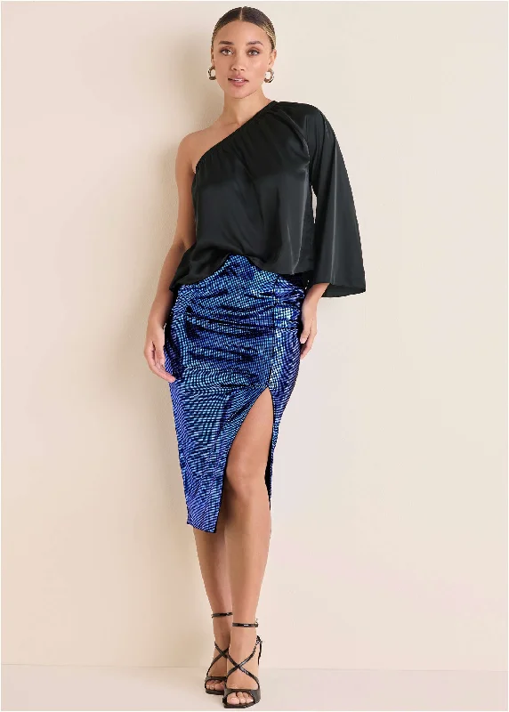 Sequin Midi Skirt - Blue & Black velvet skirt glossy
